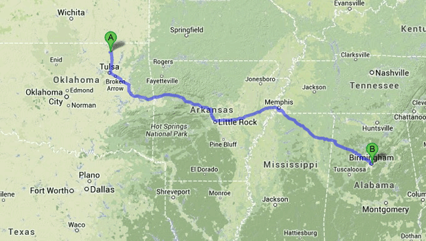 Map - Oklahoma to Birmingham